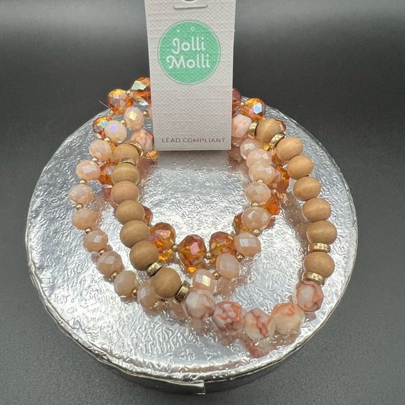 Jolli Molli Jewelry - Elegant Beaded Bracelet Set - Orange and Cream